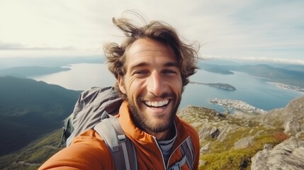 Selfie photo of happy smiling male influencer mountaineer hiker during traveling at beautiful destination in the mountains