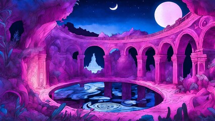 Fantasy landscape with ancient temple and pond at night - illustration