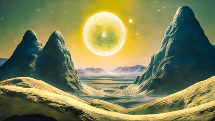 Fantasy scifi landscape with mountains and full moon.