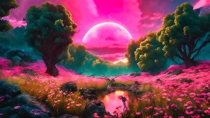 Fantasy landscape with a pond and a full moon in the sky