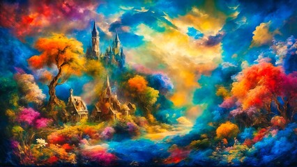 Fototapeta na wymiar Magic landscape with castle on the hill and colorful sky. Digital painting