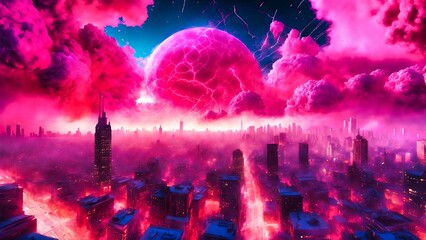 3D illustration of a cityscape with a huge explosion in the background