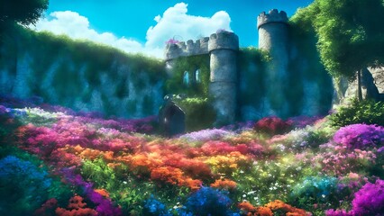 Beautiful fantasy landscape with castle and flowers. Digital painting style.