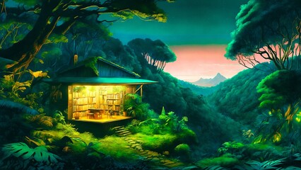 Fantasy landscape with wooden house in the jungle