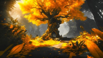3d render of fantasy background with old tree and halloween