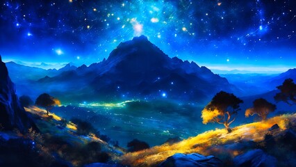 Fantasy landscape with mountains, lake and stars. Digital painting.