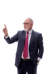 Old businessman pressing virtual button isolated on white