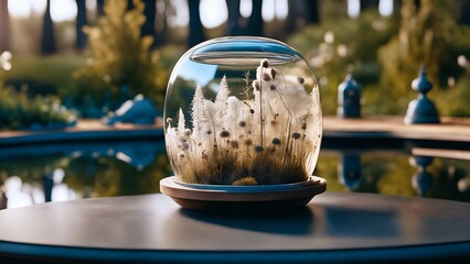 Glass vase with dry grass on table in garden. Selective focus