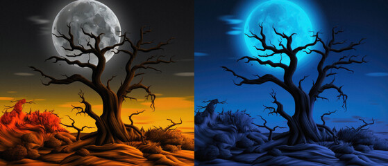 Fototapeta premium Happy Halloween spooky scary moon night scene horror landscape background. Creepy dark forest woods trees, moon and Happy Haloween ghosts gothic mysterious sky moonlight gloomy scenery backdrop.