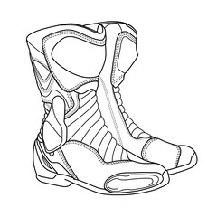 Technical sketch drawing of pair Motorcycle racing boots line art, flat sketch, isolated on white background, suitable for your pair Motorcycle racing shoes, editable color and stroke.