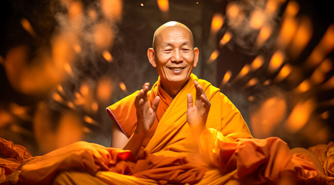 Asian monk in a Buddhist temple. Religious concept. digital ai art