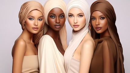 Women From Various Ethnic Groups. Models of Many Ethnicities Standing Collectively Against Beige Background.  Beautiful Female Friends With Perfect Smooth Skin. generative ai