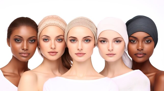 Beautiful Images Of Women From Various Ethnic Groups. Models of Many Ethnicities Standing Collectively Against Beige Background.  Beautiful Female Friends With Perfect Smooth Skin. generative ai