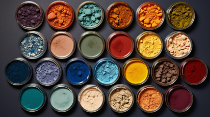 Obraz na płótnie Canvas An array of colorful powders. Cosmetics in complementary colors in bowls. Possible graphic asset for cosmetology.