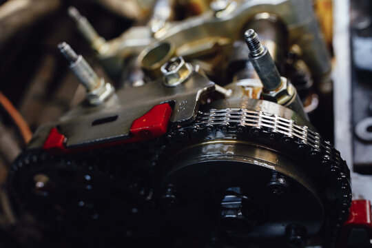 timing chain in car engine, close-up view