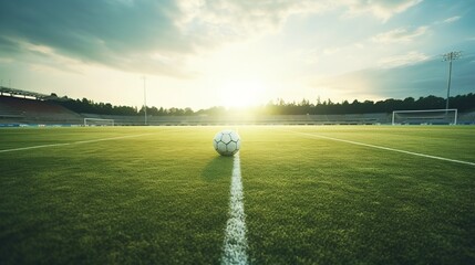 A soccer ball on a grassy field in a soccer stadium.