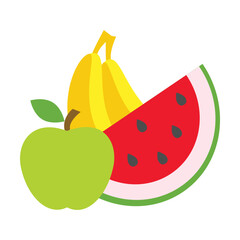 Fruity set of bananas, watermelon and apple. Delicious, healthy nutritious food cartoon illustration. Fruits concept. Colored flat vector isolated on white background