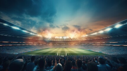 soccer stadium with illumination, green grass and night sky. generative ai