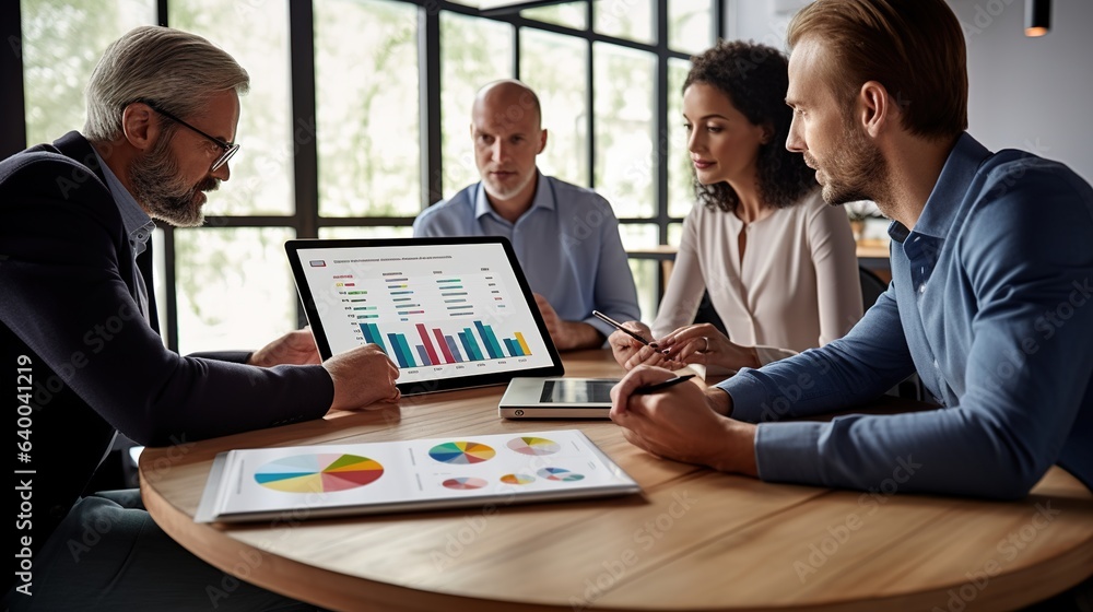 Poster close up of people pointing to a graph with data. there is also a digital tablet and a laptop on the