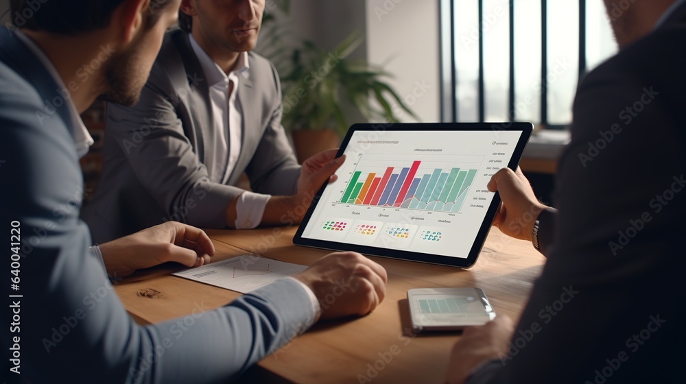 Poster close up of people pointing to a graph with data. there is also a digital tablet and a laptop on the