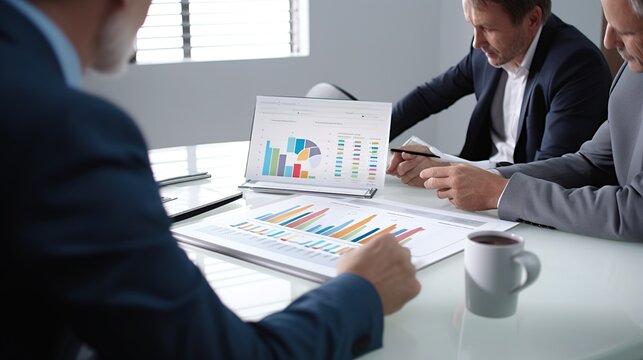Startup company meeting, business people gather to summarize and plan investment finances; they are the company's founders. Administration of business, generative ai