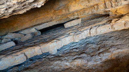 close-up metamorphic rock in layers in cave