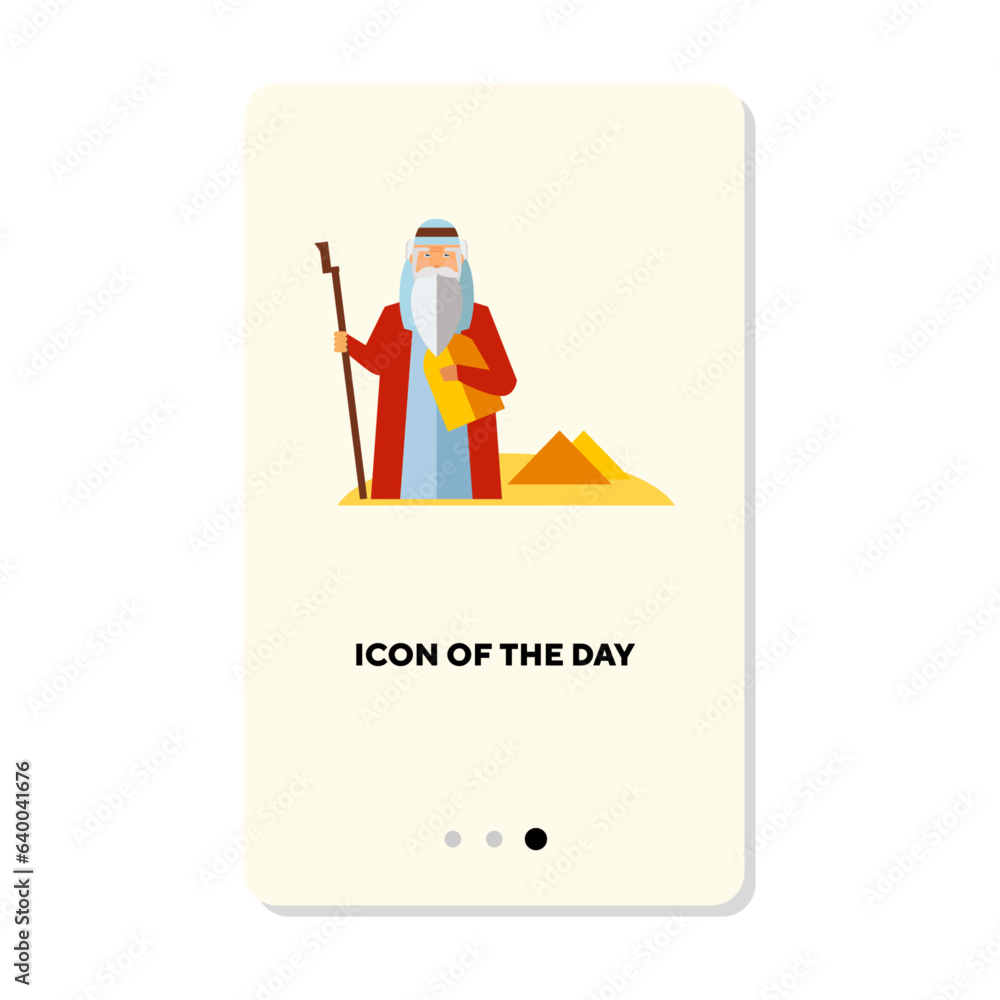 Poster prophet in desert flat vector icon. religious character with stick in glory predicting future isolat