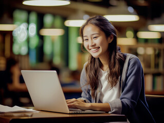 Portrait of a woman studying in a cafe or library in front of her laptop