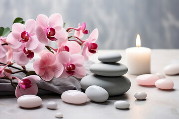 Spa stones, pink flowers and candle on marble table.