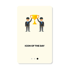 Successful and rich people flat vector icon. Cheering winners with trophy cup isolated sign. Success concept. Vector illustration symbol elements for web design