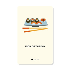 Sushi rolls flat icon. Chopsticks, salmon isolated sign. Asia, traditional cuisine, lunch concept. Vector illustration symbol elements for web design