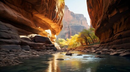 Sunlit canyon walls with a gentle river below
