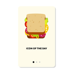 Sandwich with meat and vegetables flat icon. Vertical sign or vector illustration of tasty fast food meal or snack element. Fast food, nutrition concept for web design and apps