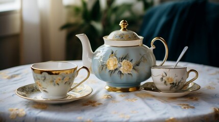 Obraz na płótnie Canvas Teapot and teacup on an embroidered tablecloth