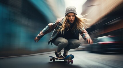 Young Caucasian woman skateboarding fast down a street, motion blur
