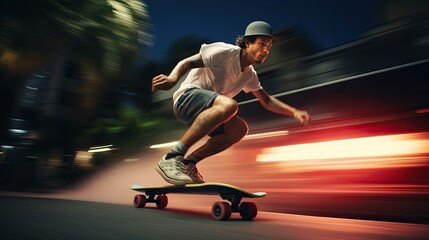Young man skateboarding fast down a street, motion blur