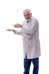 Old male chemist isolated on white