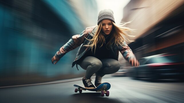 Young Caucasian woman skateboarding fast down a street, motion blur - Powered by Adobe