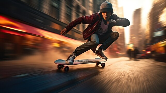 Man skateboarding fast down a street, motion blur