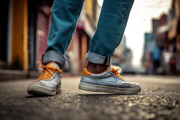 Dynamic shot of Men's legs in sneakers on a city street