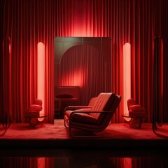 a stage red room with curtains, a sofa, and a red neon light