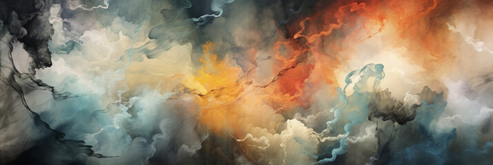Abstract dramatic watercolor cloudscape background with orange and cyan clouds. Generative AI  