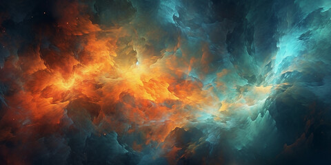 Fototapeta na wymiar Abstract dramatic watercolor cloudscape background with orange and cyan clouds. Generative AI 