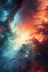 Abstract dramatic watercolor cloudscape background with orange and cyan clouds. Generative AI  
