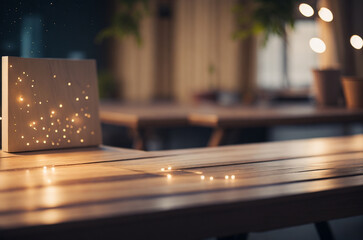 Empty wooden table in a cafe, illuminated by the soft twinkle of bokeh lights in the background