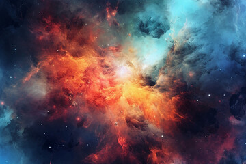 Fototapeta premium Abstract dramatic watercolor cloudscape background with orange and cyan clouds. Generative AI 