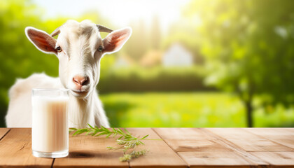 Fresh milk on a wooden table with a goat in a meadow and agricultural farm in the background in sunny day, digital ai