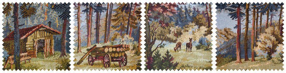 Patchwork of an old grandmother's rug with a forest house, a cart with firewood, deer and trees, cut with zigzag scissors - obrazy, fototapety, plakaty