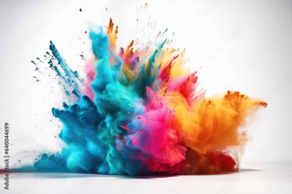 Poster a burst of colorful powder against a white background creates a beautiful and abstract image that is