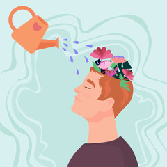 Man with flowers and leaves in his head, watering plants symbolizing practicing mindfulness. Vector illustration